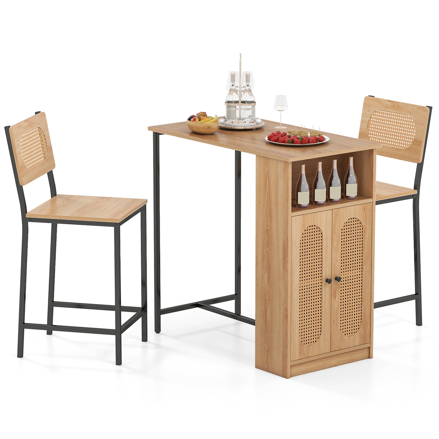 3-Piece Bar Table and Chairs Set with Storage Shelves