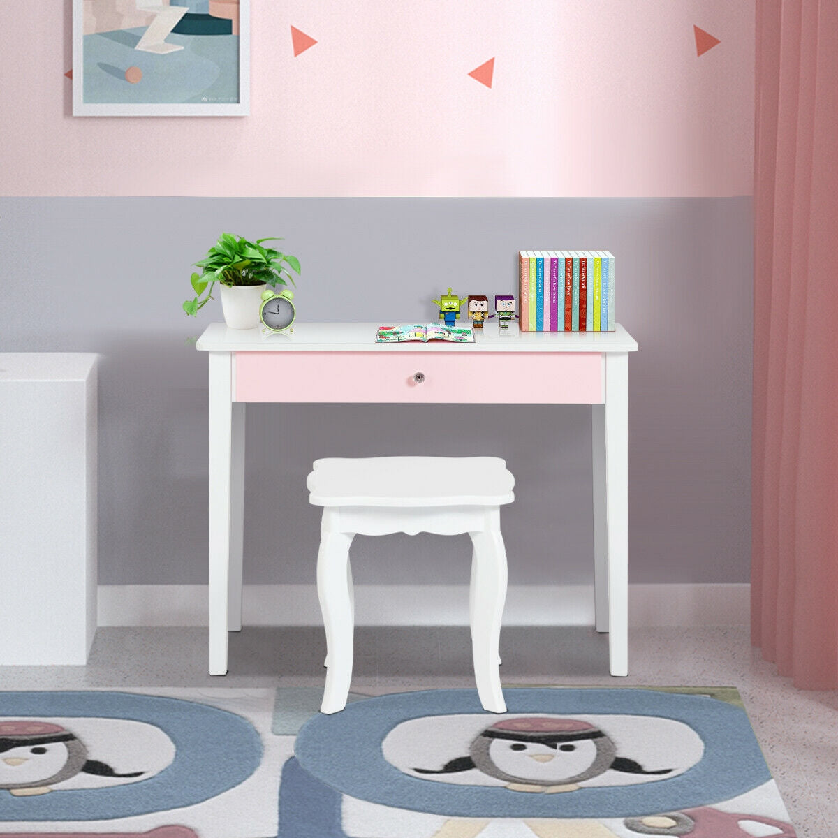 Kids Vanity Table with Tri-Fold Mirror and Chair Set