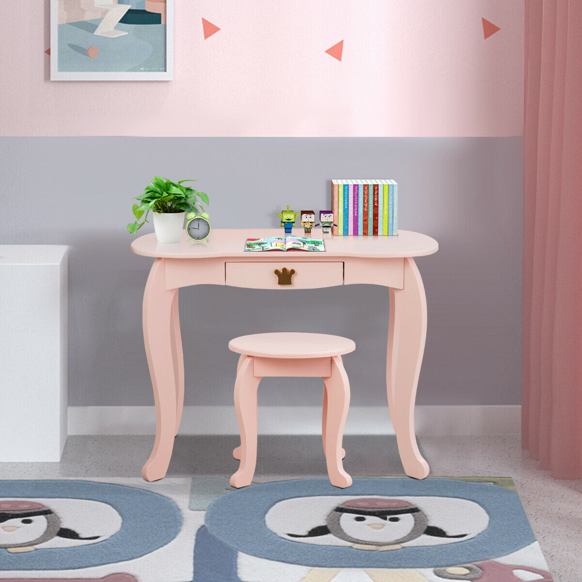 Kids Makeup Vanity Table with Tri-Fold Mirror and Stool