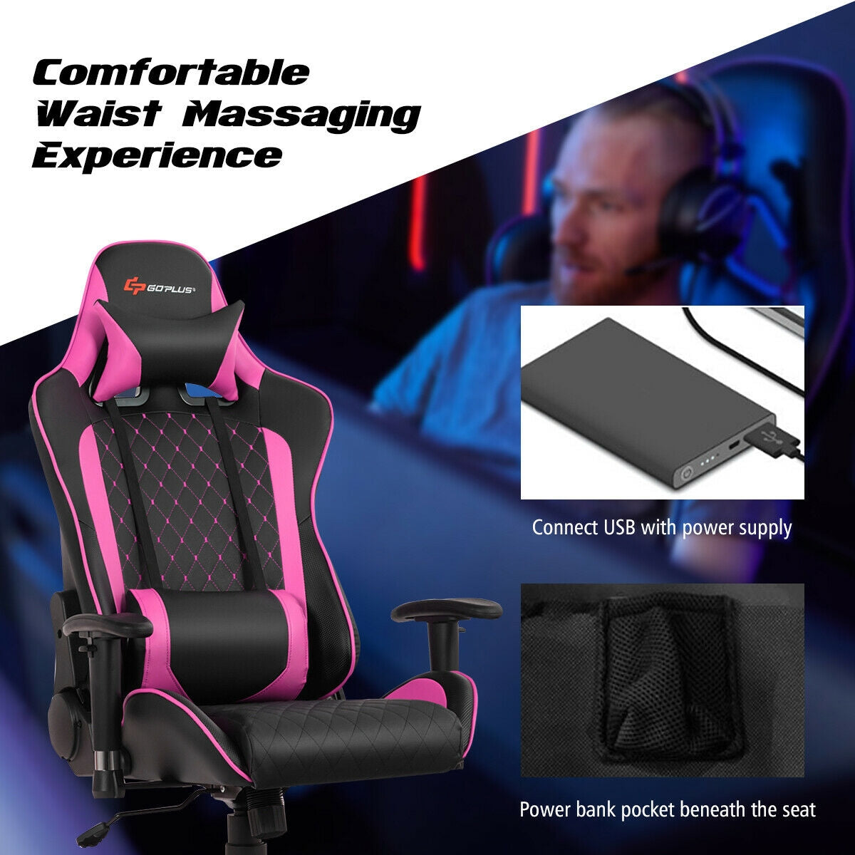 Gaming Chair with Massage Lumbar Support and Headrest