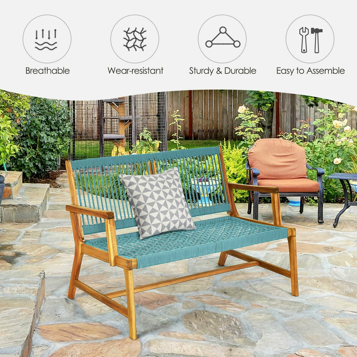 2-Person Acacia Wood Outdoor Bench with Rope Weave