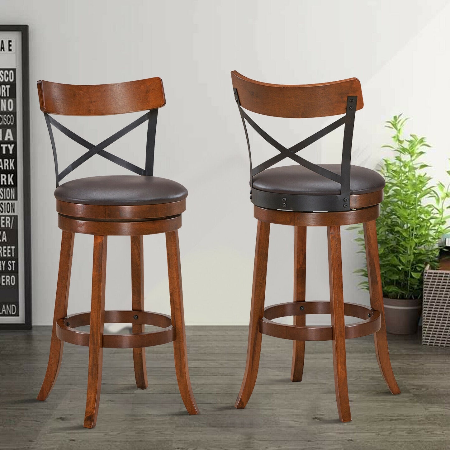 Swivel Bar Stools Set of 2 with Rubber Wood Legs - 360° Rotation