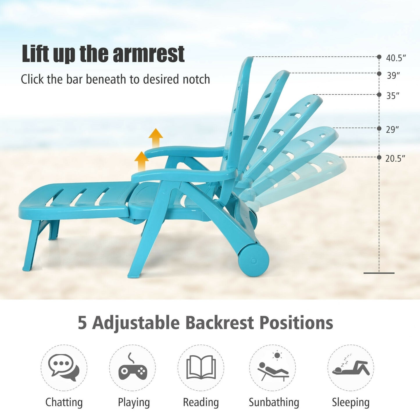 Adjustable Folding Chaise Lounge Chair with Wheels