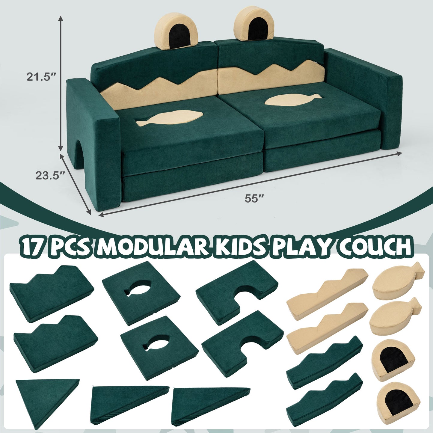 17-Piece Modular Kids Play Couch with Washable Cover