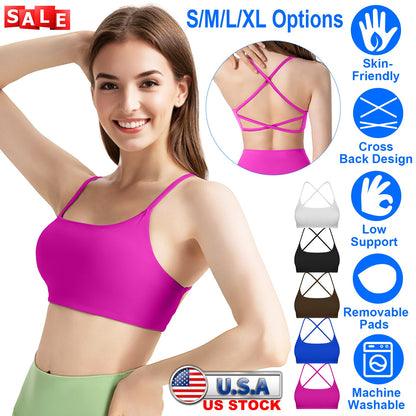 Women Cross Back Sport Bras Padded Strappy Crop Open Back Low Impact Bras Sexy Fitness Tank Tops with Removable Pads Thin Straps for Gym Yoga Workout