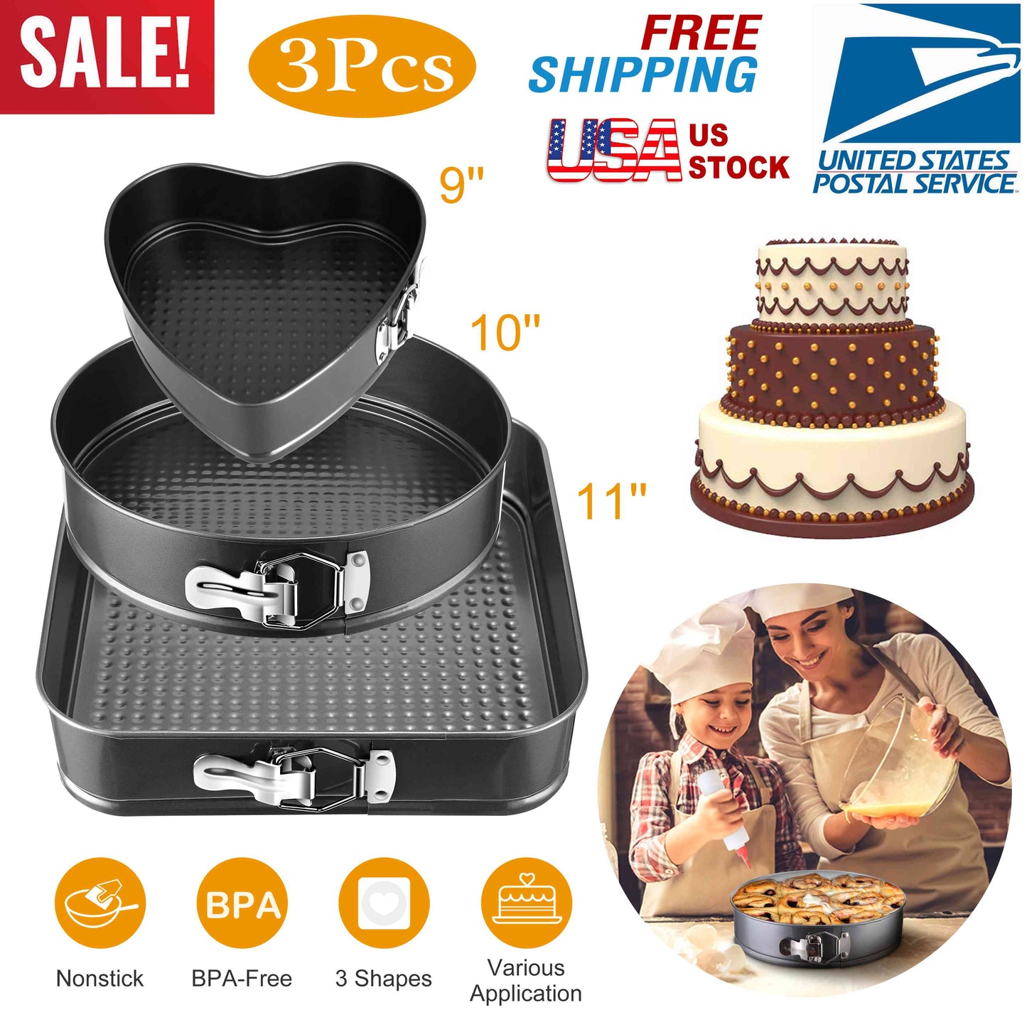 Springform Cake Pan Set 3-Piece Non-Stick with Removable Bottom