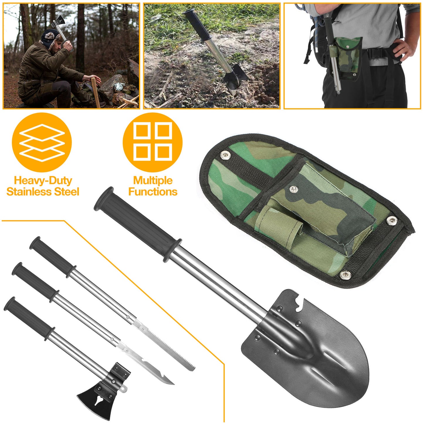 6-in-1 Multi-Tool Survival Kit with Shovel, Axe, Knife & Saw