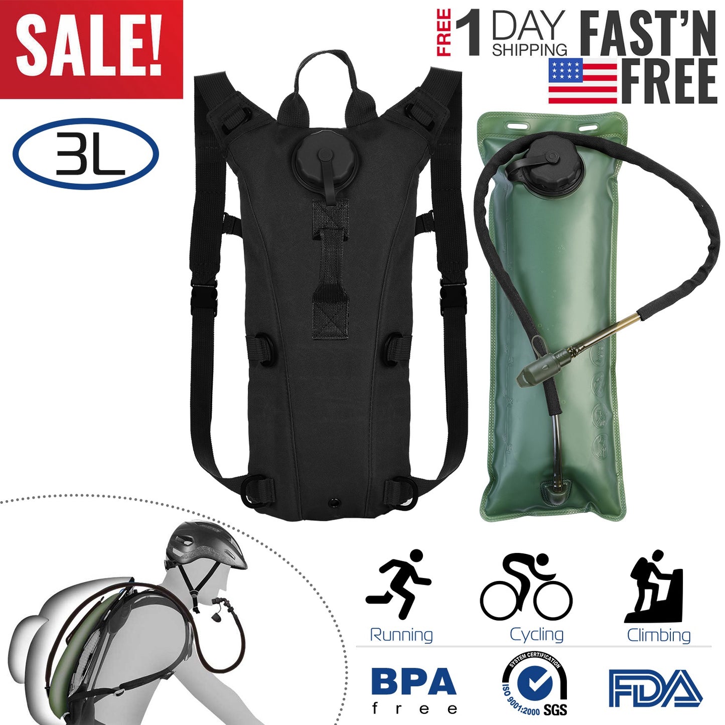 Tactical Hydration Pack with 3L Water Bladder
