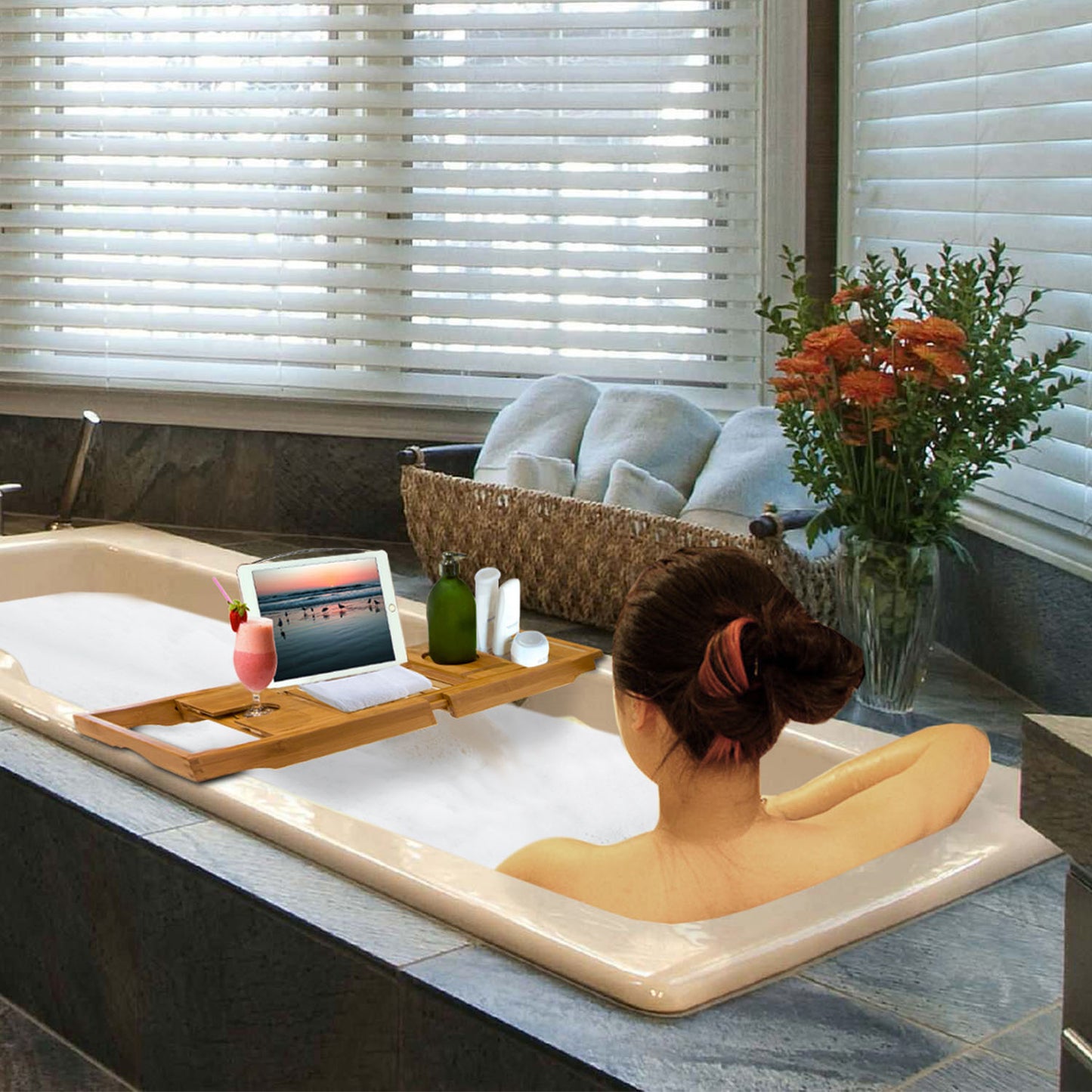 Bamboo Bathtub Caddy Tray with Extendable Arms & Wine Holder