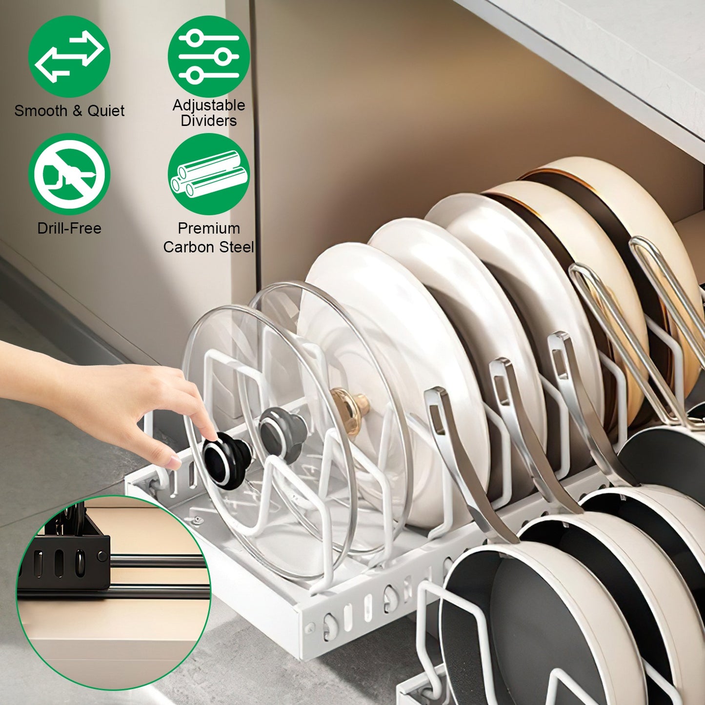 Pull Out Pots and Pans Organizer with 8 Adjustable Dividers