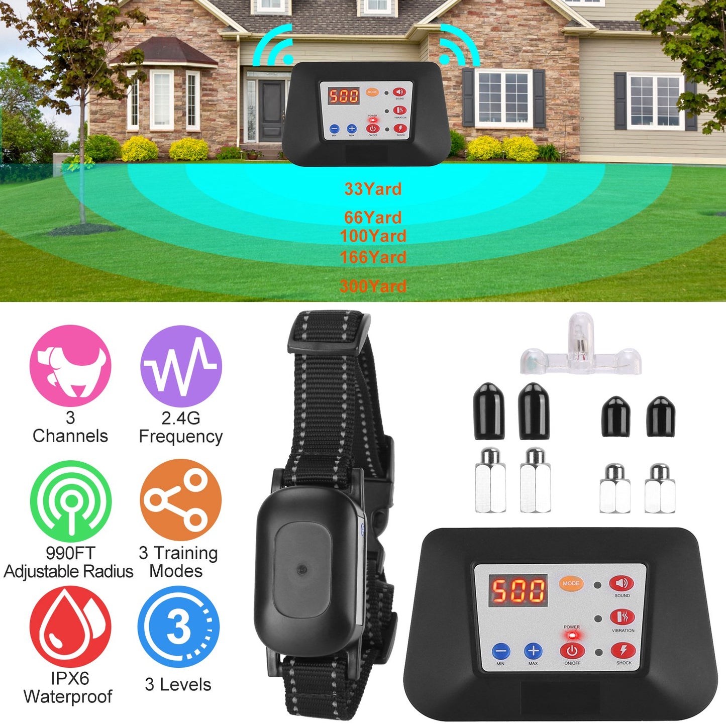 Wireless Dog Fence & Training Collar System 990FT Range