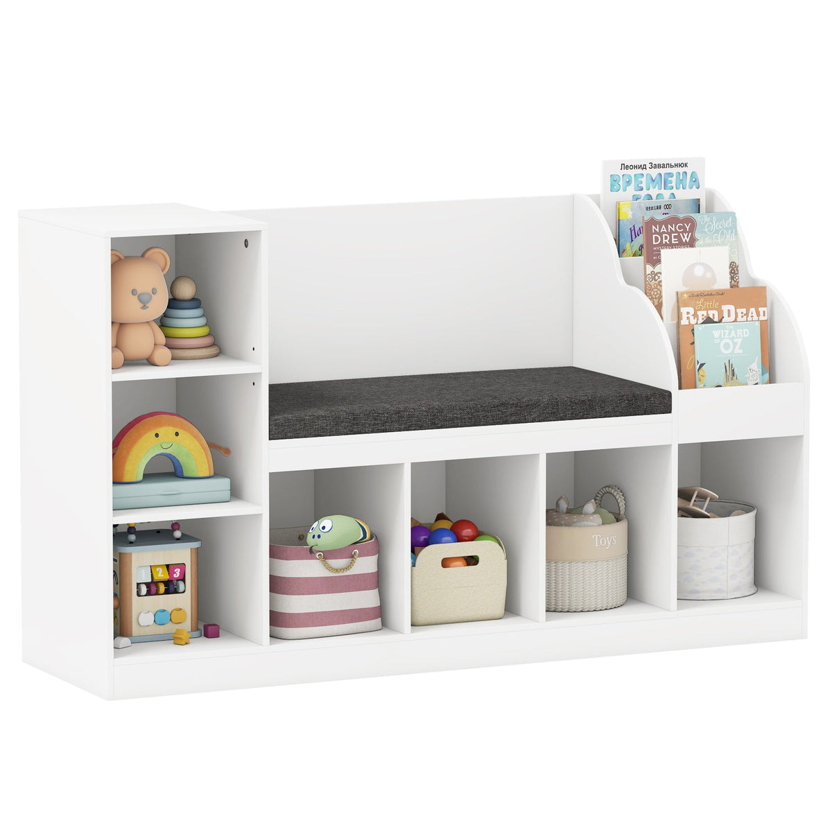 Kids Bookcase with Reading Nook 3-in-1 Standing Toy Organizer-White