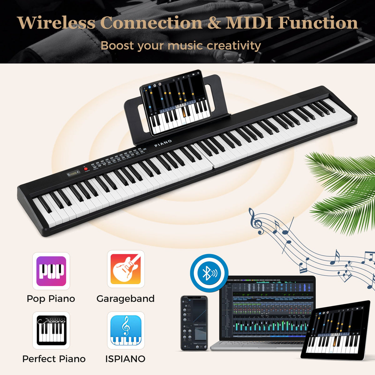 88 Key Foldable Piano Keyboard Portable Semi Weighted Electric Piano-Black