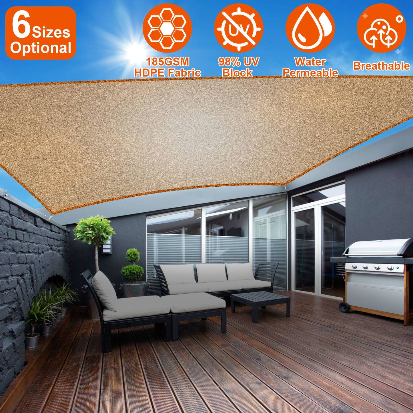 Rectangle Sun Shade Sail 98% UV Block HDPE Canopy with Ropes