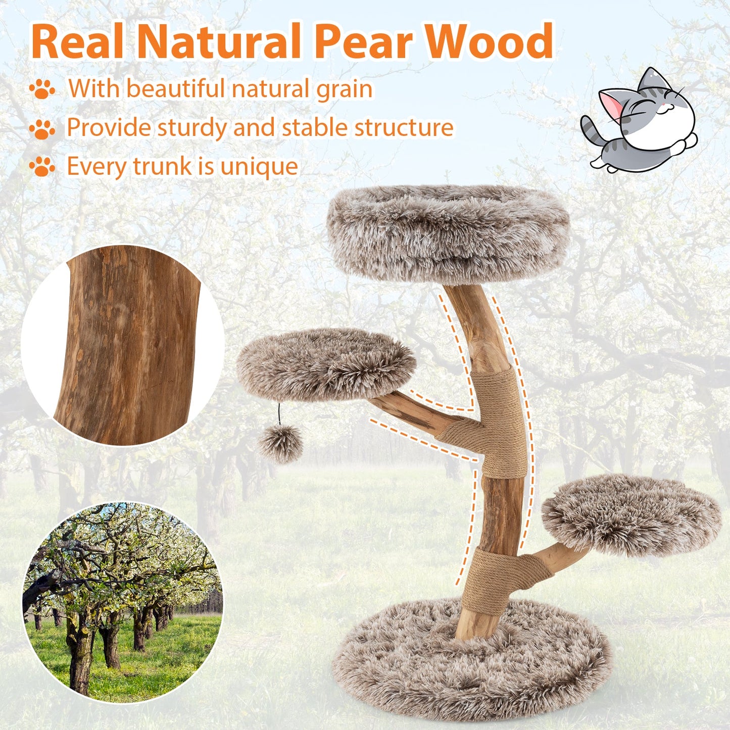Cat Tree Solid Pear Wood with Perch and Natural Jute Scratching Posts-Brown