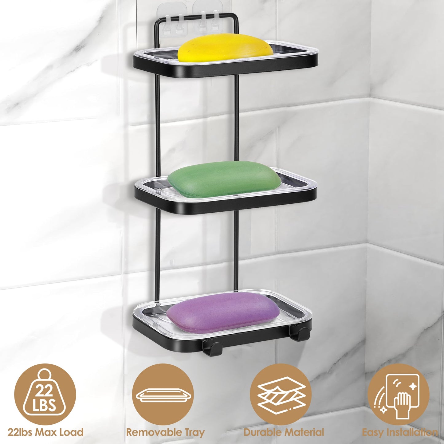 Wall Mounted Soap Dish Holder with Removable Tray & 2 Hooks