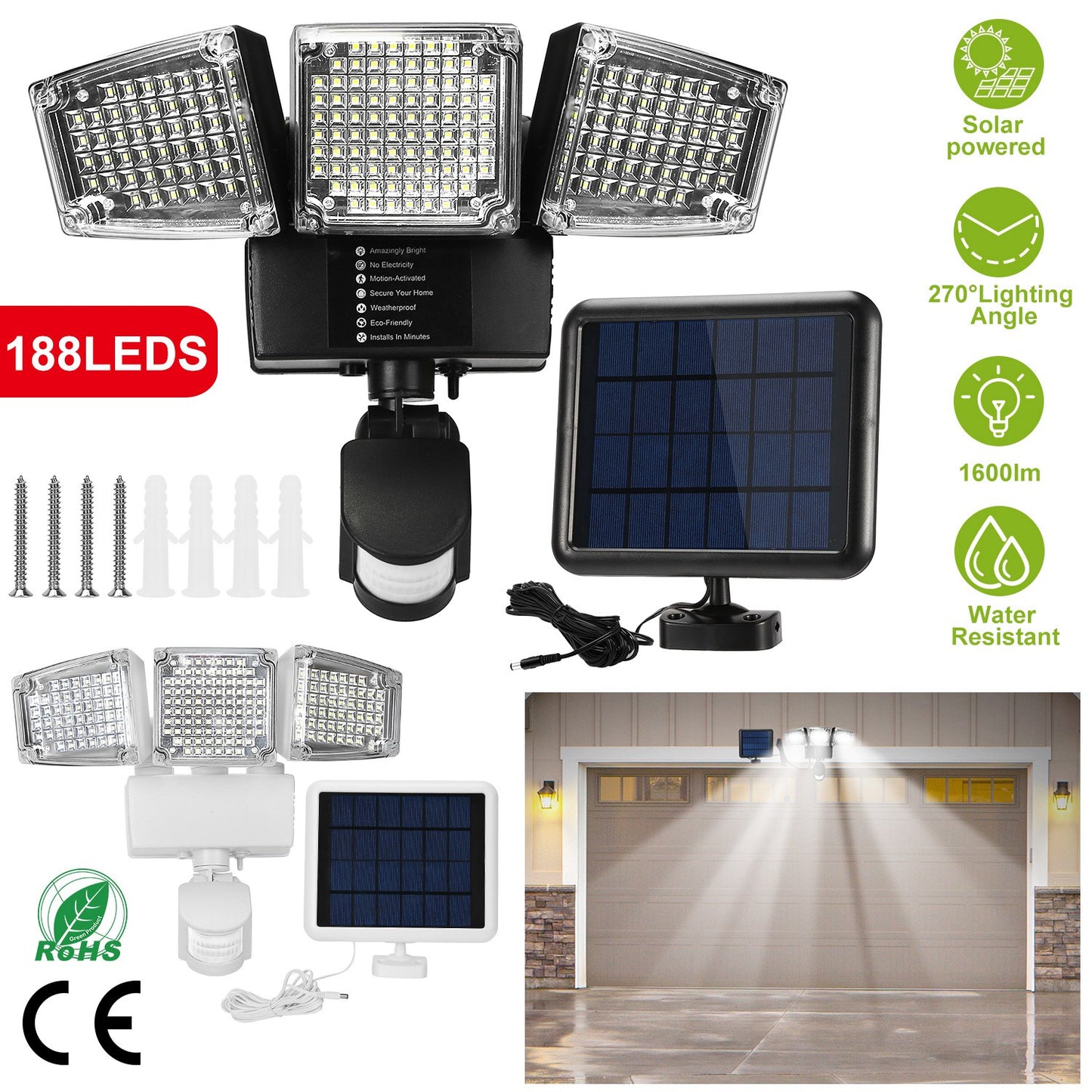 Solar Motion Sensor Light 188 LEDs 1600lm with 3 Rotatable Heads