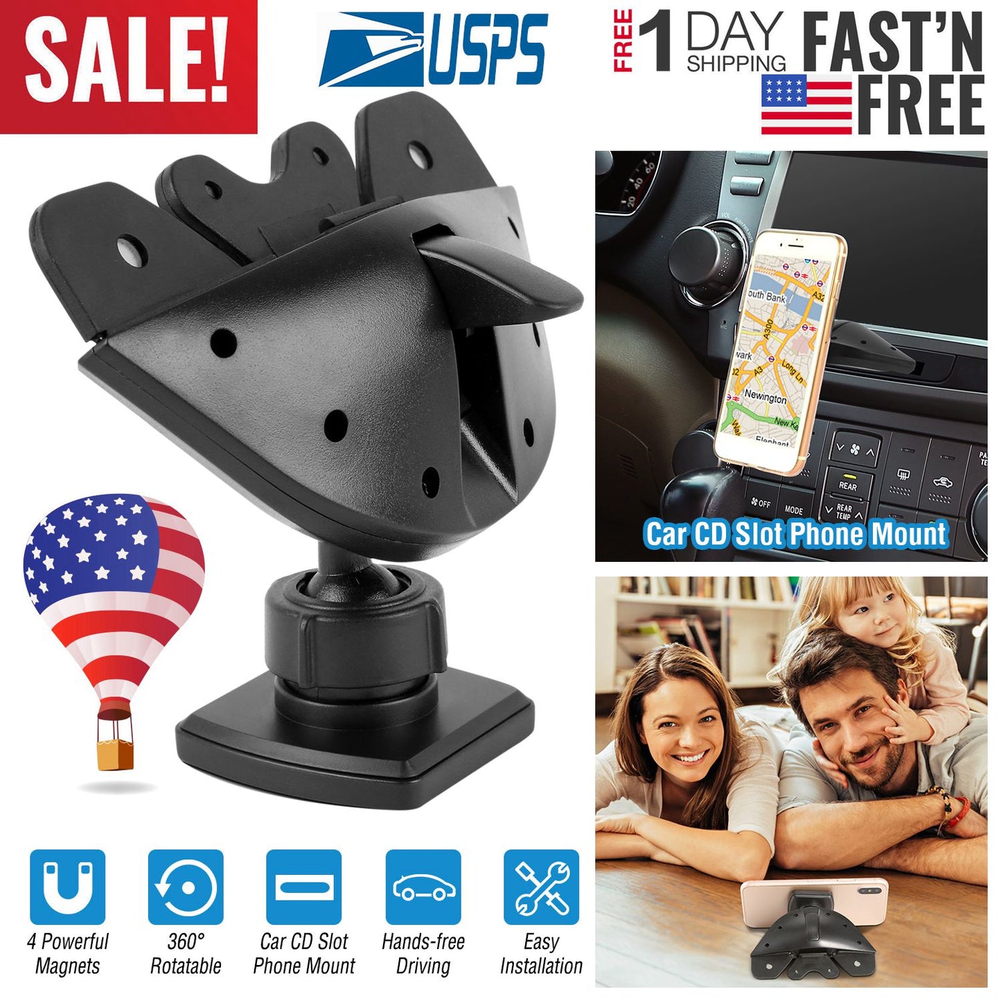 Magnetic CD Slot Car Phone Mount with 360° Rotation