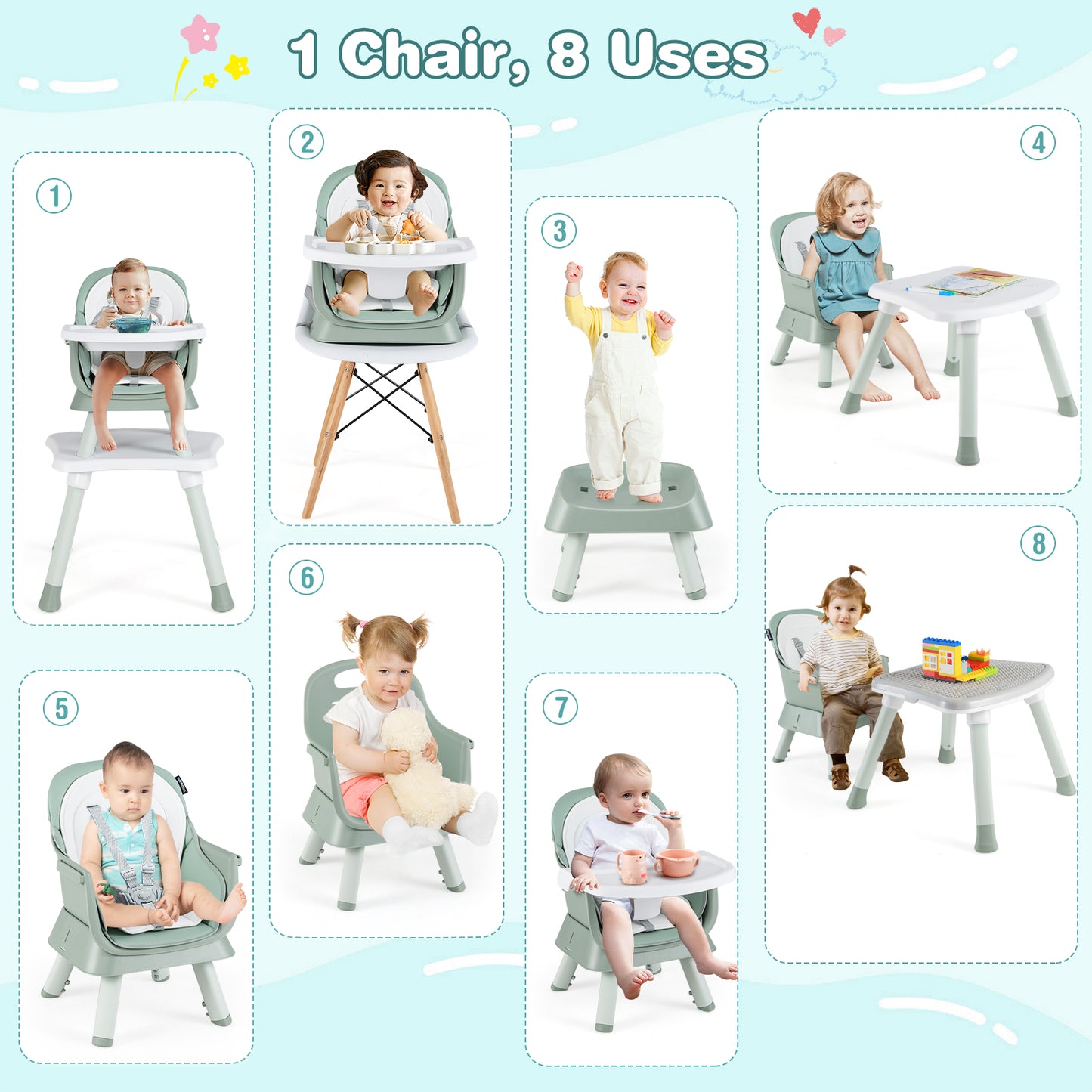 6-in-1 Convertible High Chair with Adjustable Tray