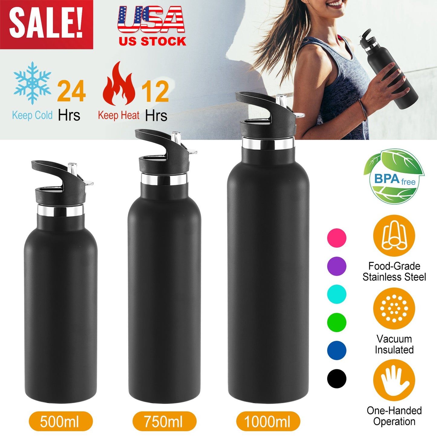 Insulated Stainless Steel Water Bottle with Dual Lids & Straws