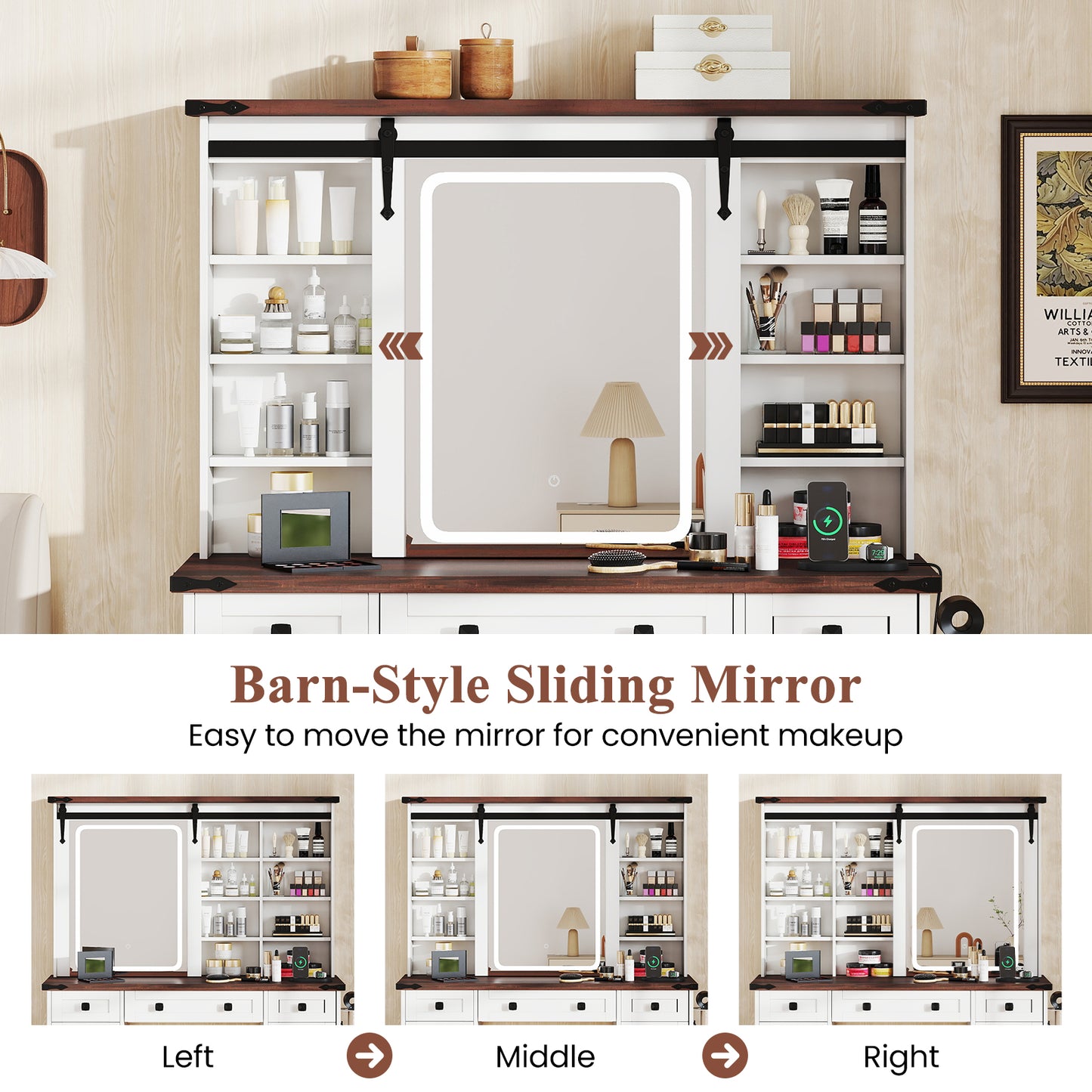 Vanity Desk with Sliding Mirror and 3 Lighting Modes