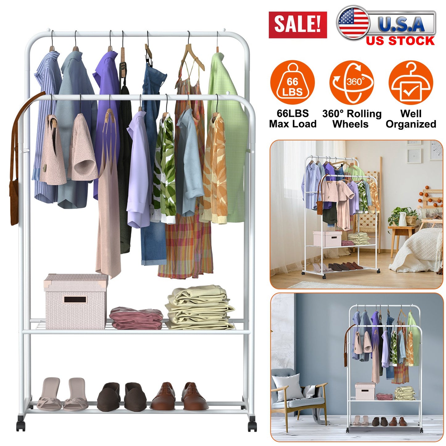Rolling Garment Rack with Shoe Shelf and Dual Hanging Rails