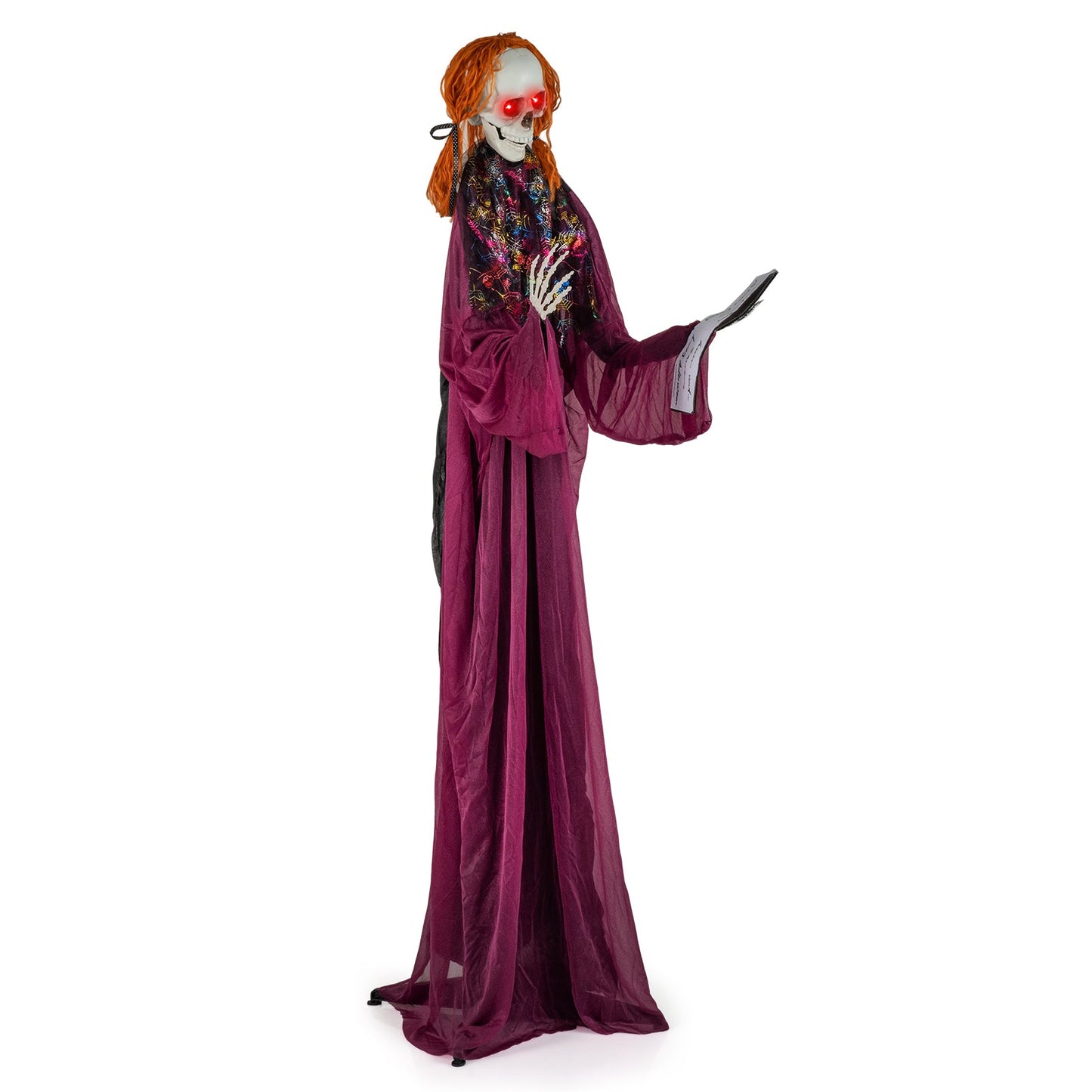 6 Feet Halloween Animatronic Standing Girl Holding Book with Sound-Activated Light-up Eyes and Moving Arms & Head