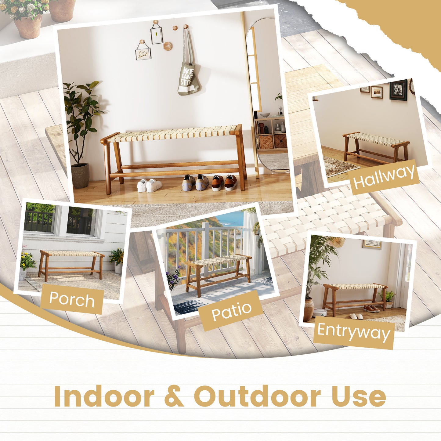 Teak Wood Patio Bench 47" with Woven Seat