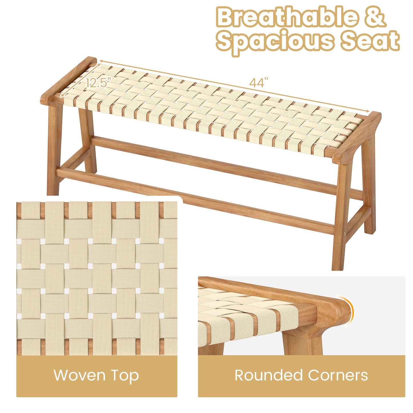 Teak Wood Patio Bench 47" with Woven Seat