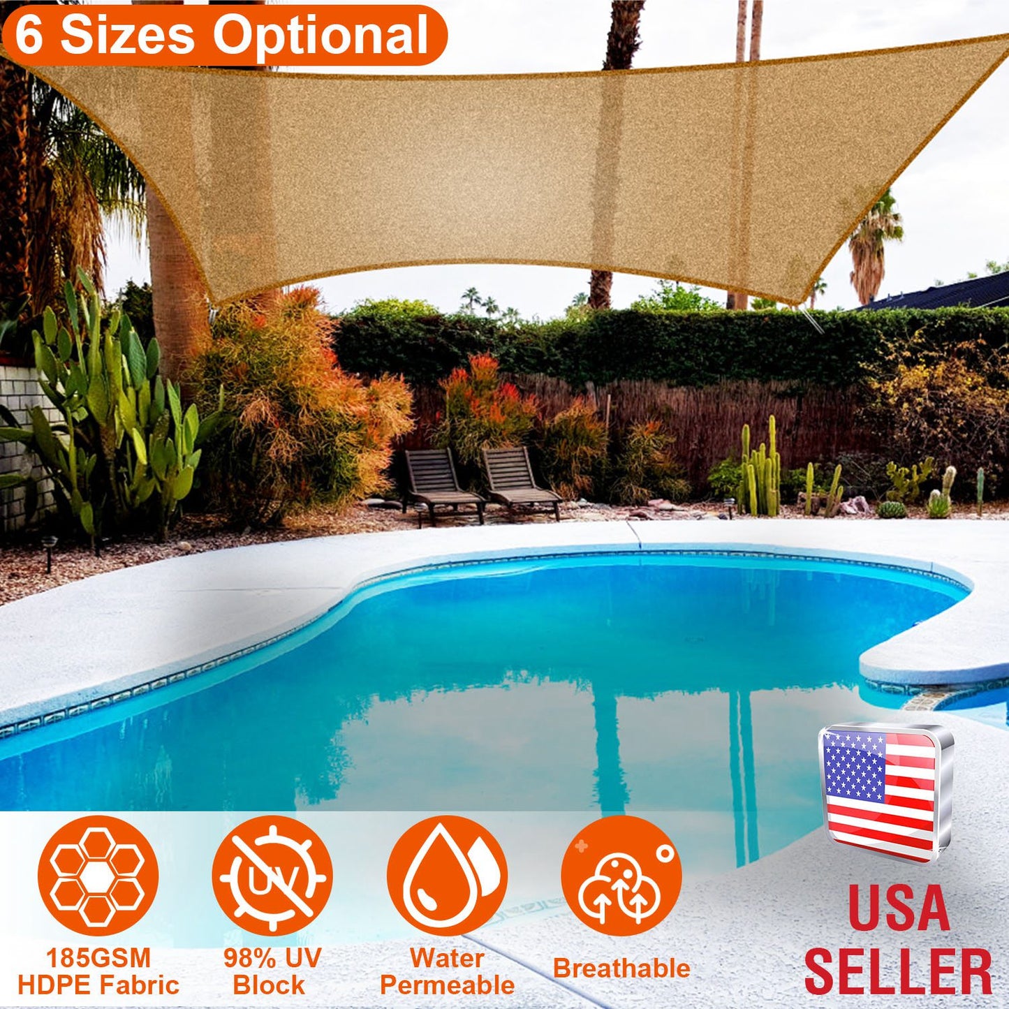 Rectangle Sun Shade Sail 98% UV Block HDPE Canopy with Ropes