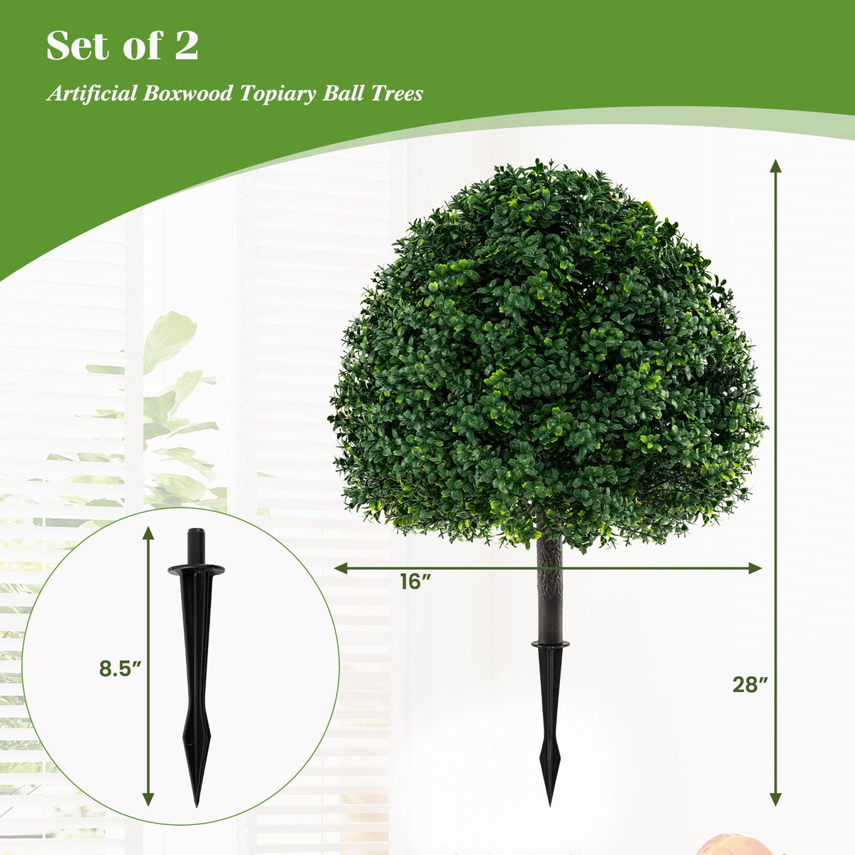 28 Inches Artificial Boxwood Topiary Ball Tree Set of 2 with Ground Spike-Green