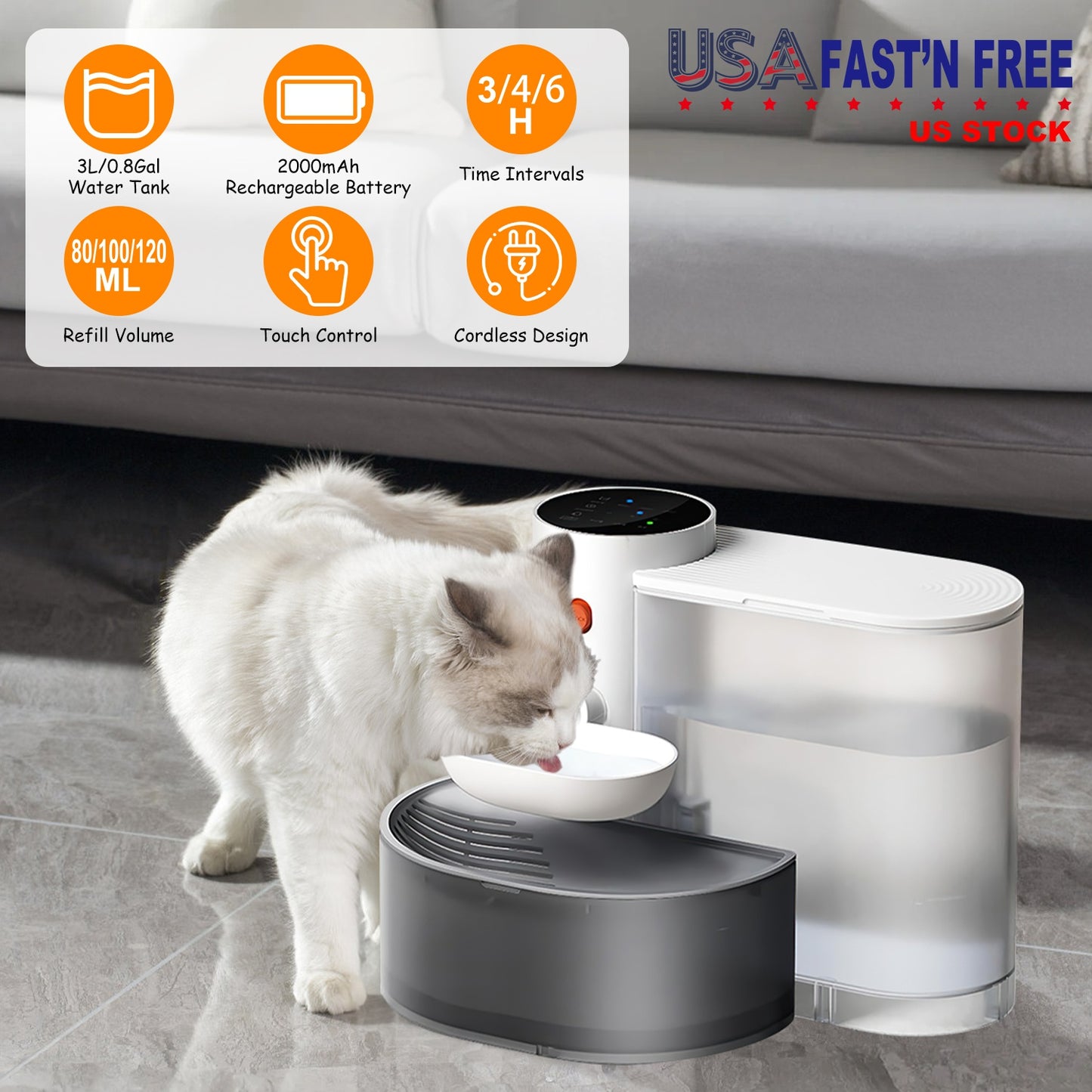 Automatic Pet Water Fountain 3L Cordless Self-Refilling Dispenser