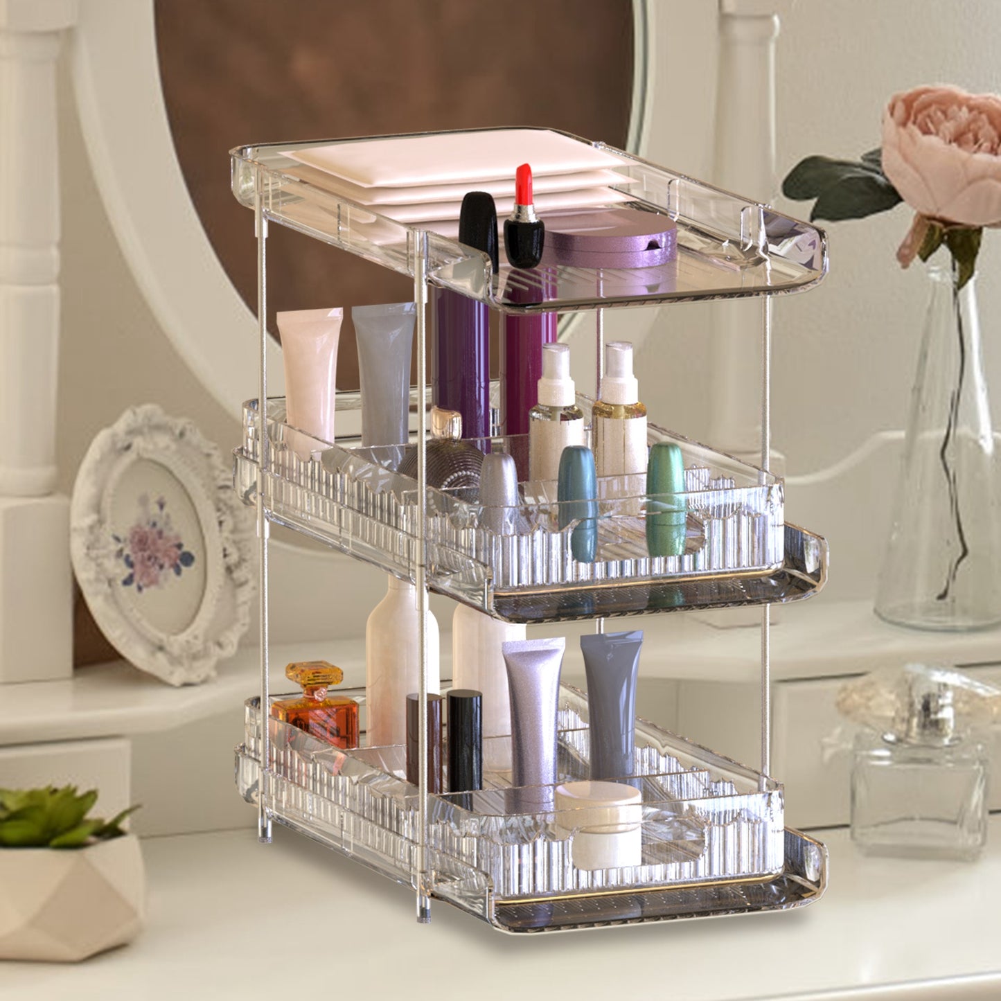3-Tier Clear Bathroom Organizer with Drawers (2-Pack)