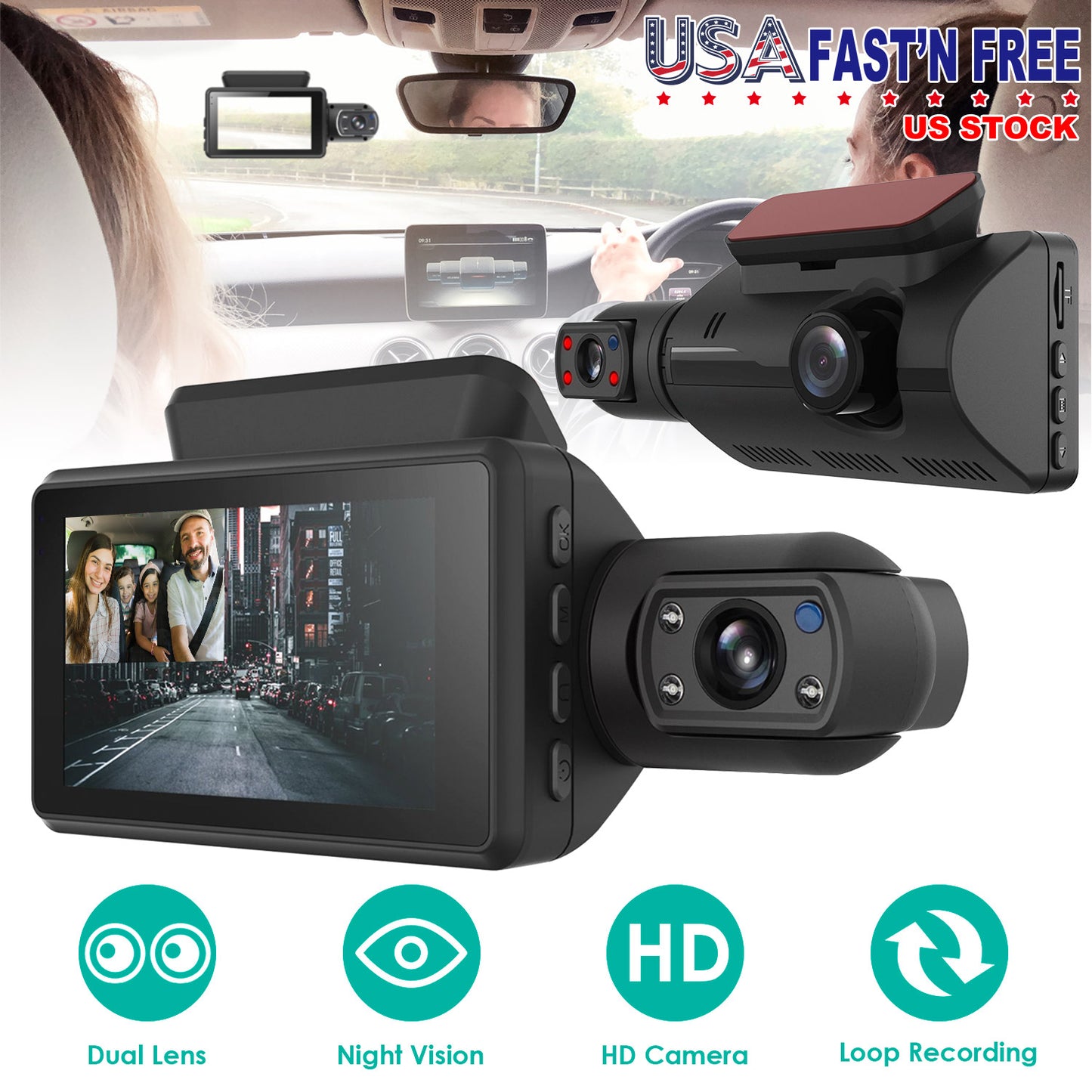 Dual Lens Dash Cam 720P Front & Interior Night Vision Camera
