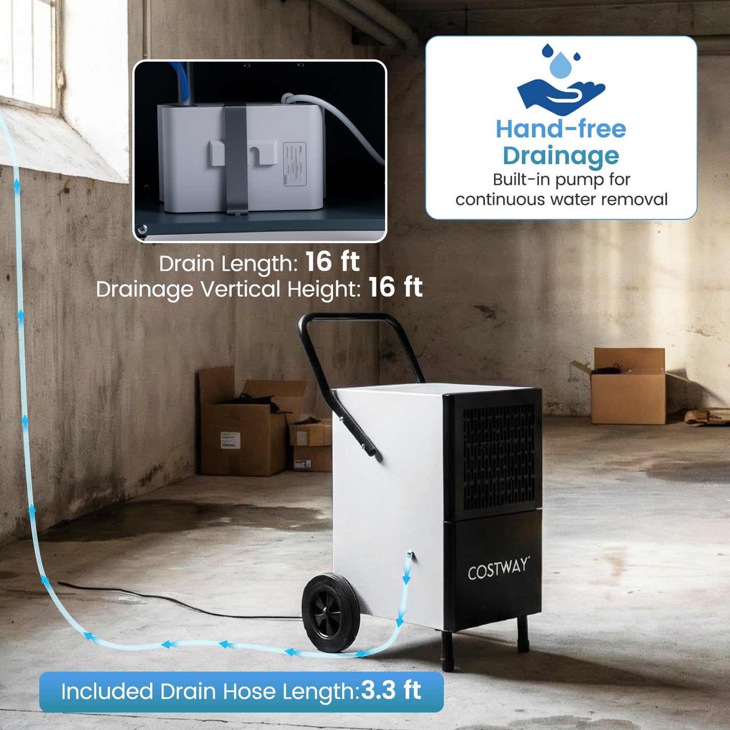 189 Pints Commercial Dehumidifier with Built-in Water Pump-Black