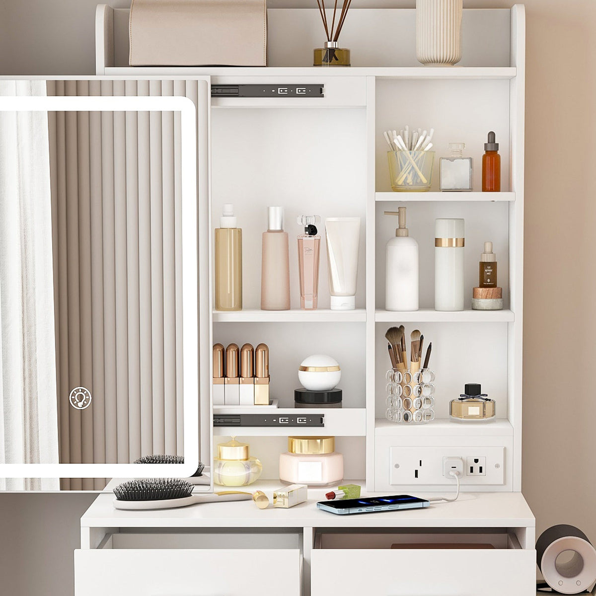 Vanity Desk Set with LED Lighted Mirror & Padded Stool
