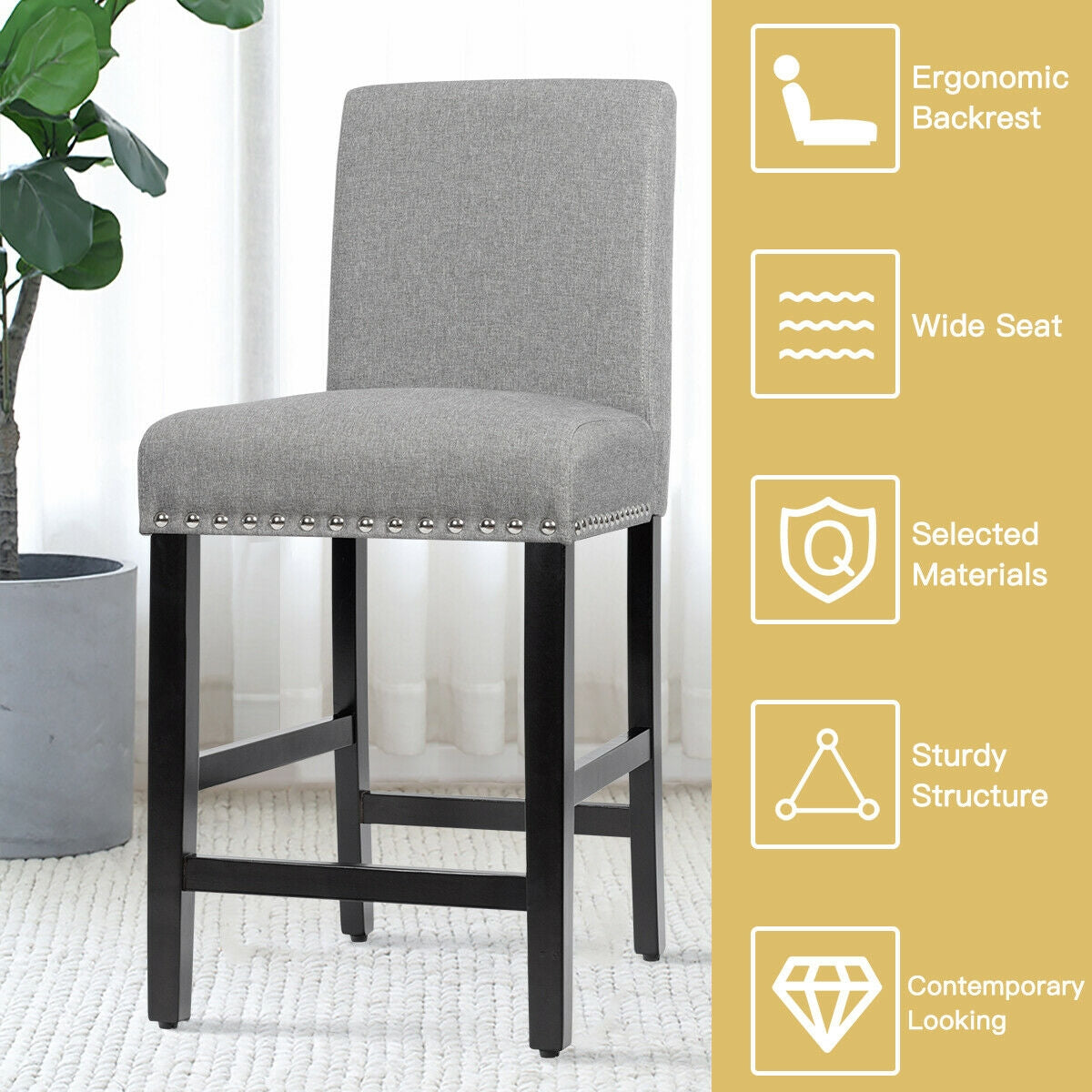25 Inch Upholstered Bar Stool with Curved Backrest