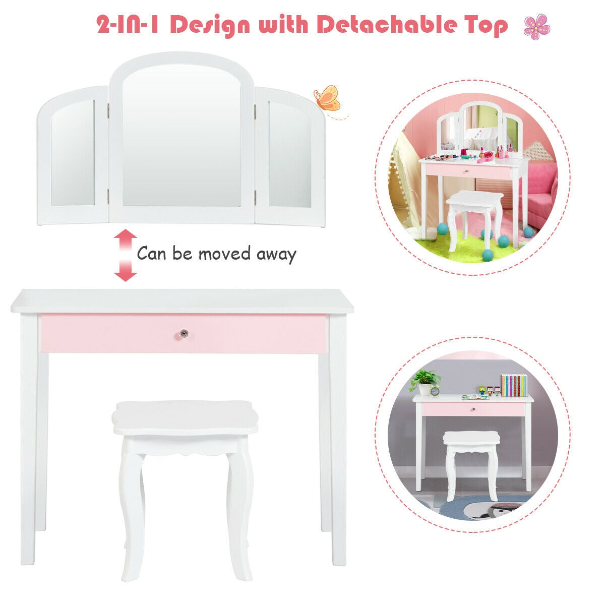 Kids Vanity Table with Tri-Fold Mirror and Chair Set