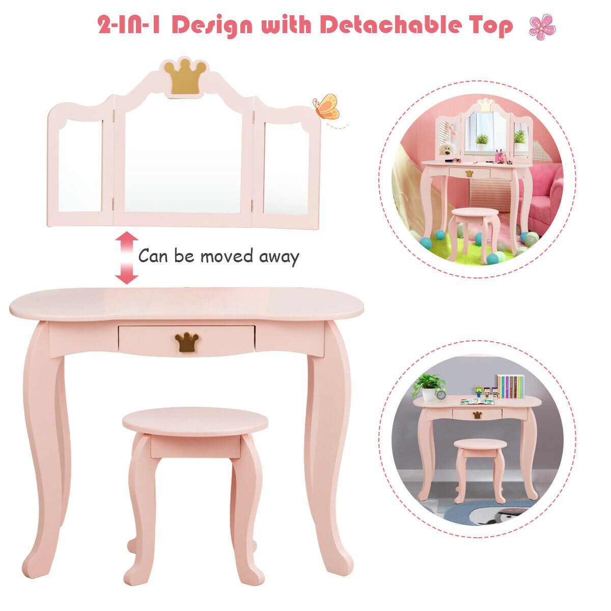Kids Makeup Vanity Table with Tri-Fold Mirror and Stool