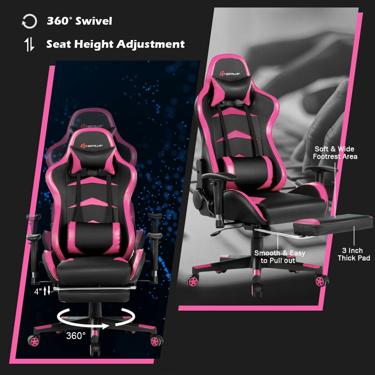 Gaming Chair with Massage Lumbar & Retractable Footrest