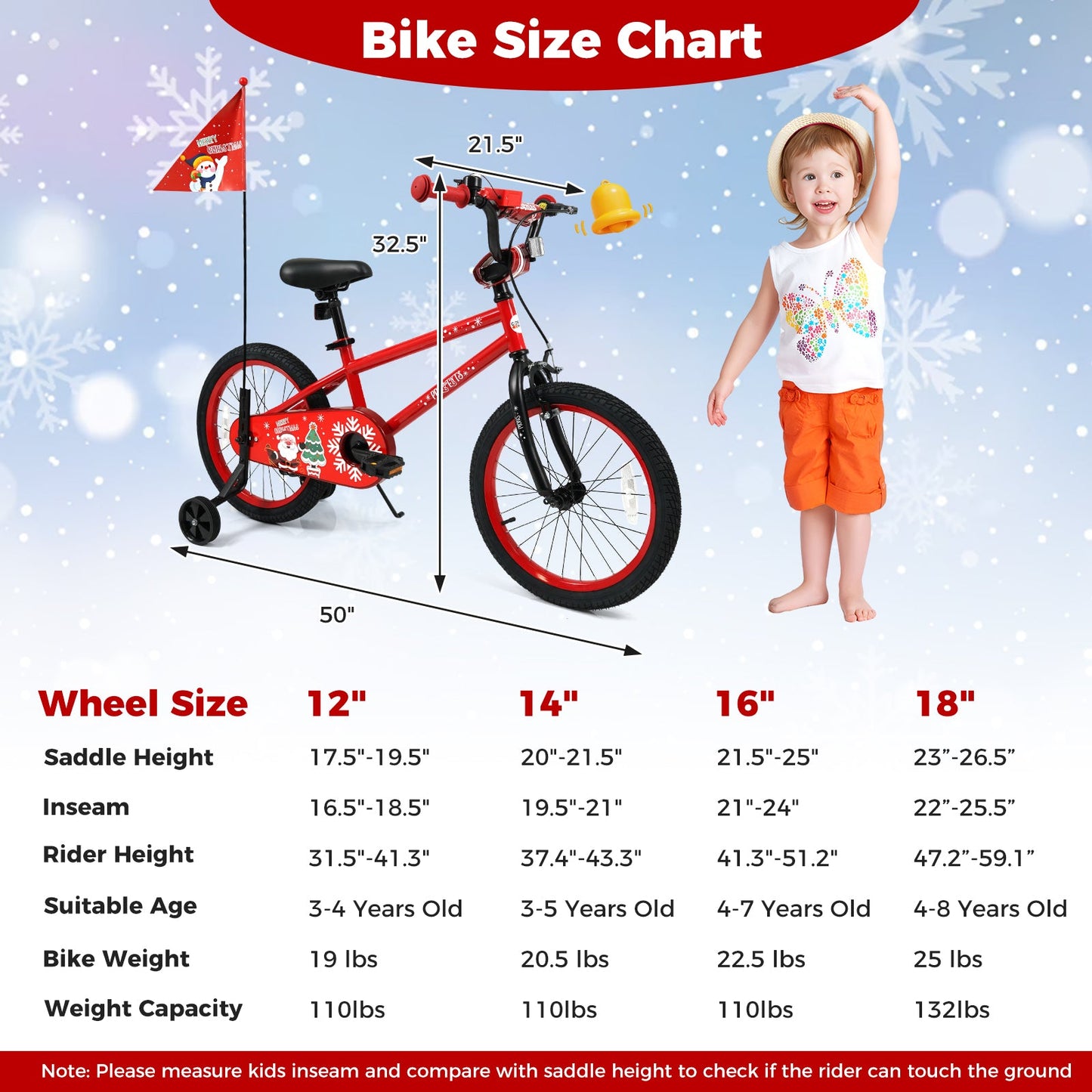 Kids Bike 12-18 Inch with Training Wheels & Christmas Music