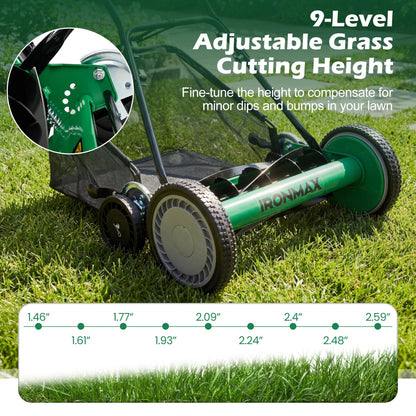18 Inch Push Reel Lawn Mower 4-Position Adjustable with Removable Grass Catcher