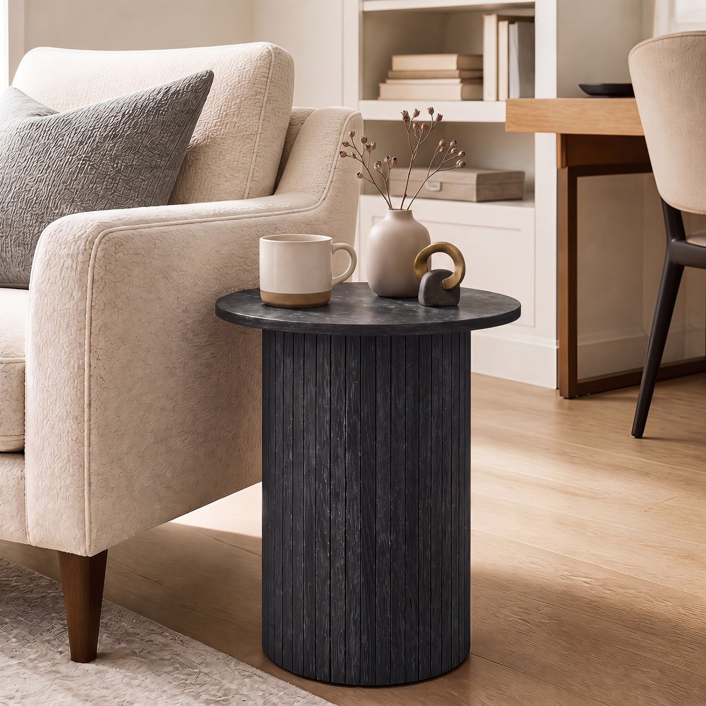 18" Round Fluted Side Table with Pedestal Drum Base