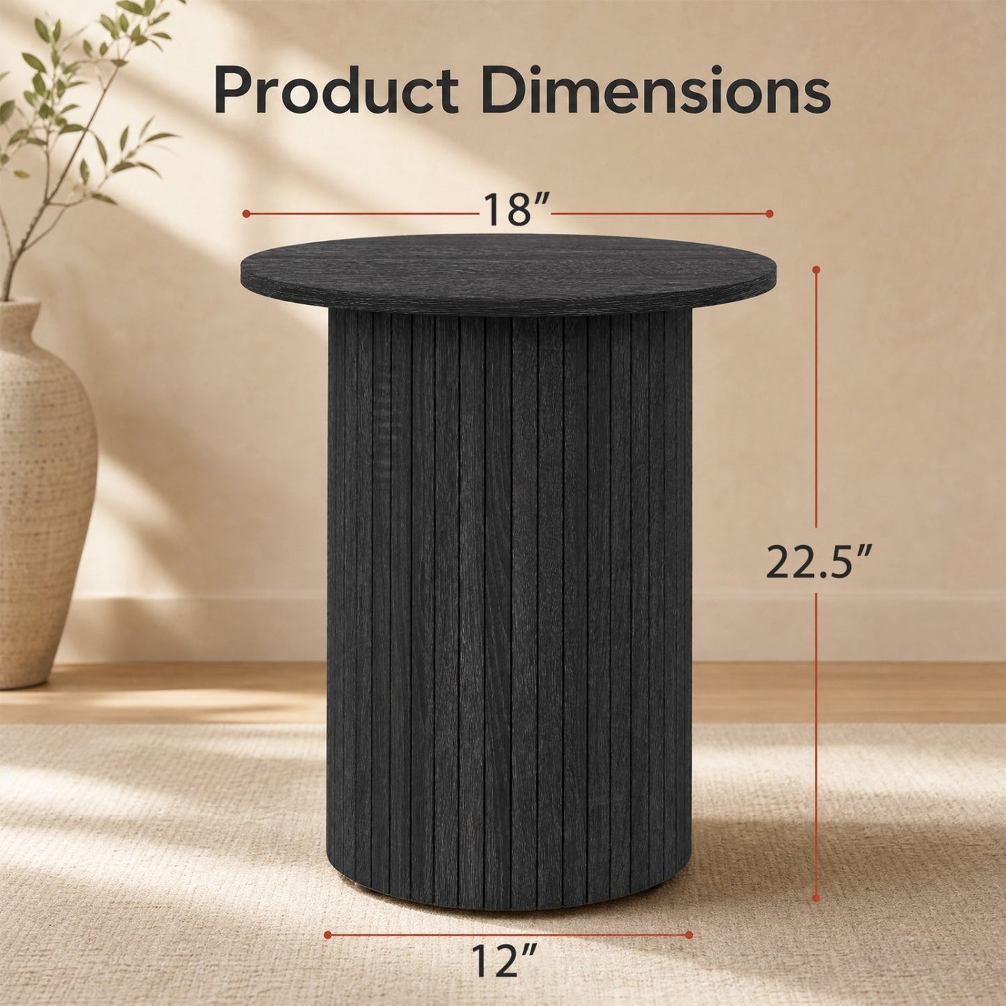 18" Round Fluted Side Table with Pedestal Drum Base