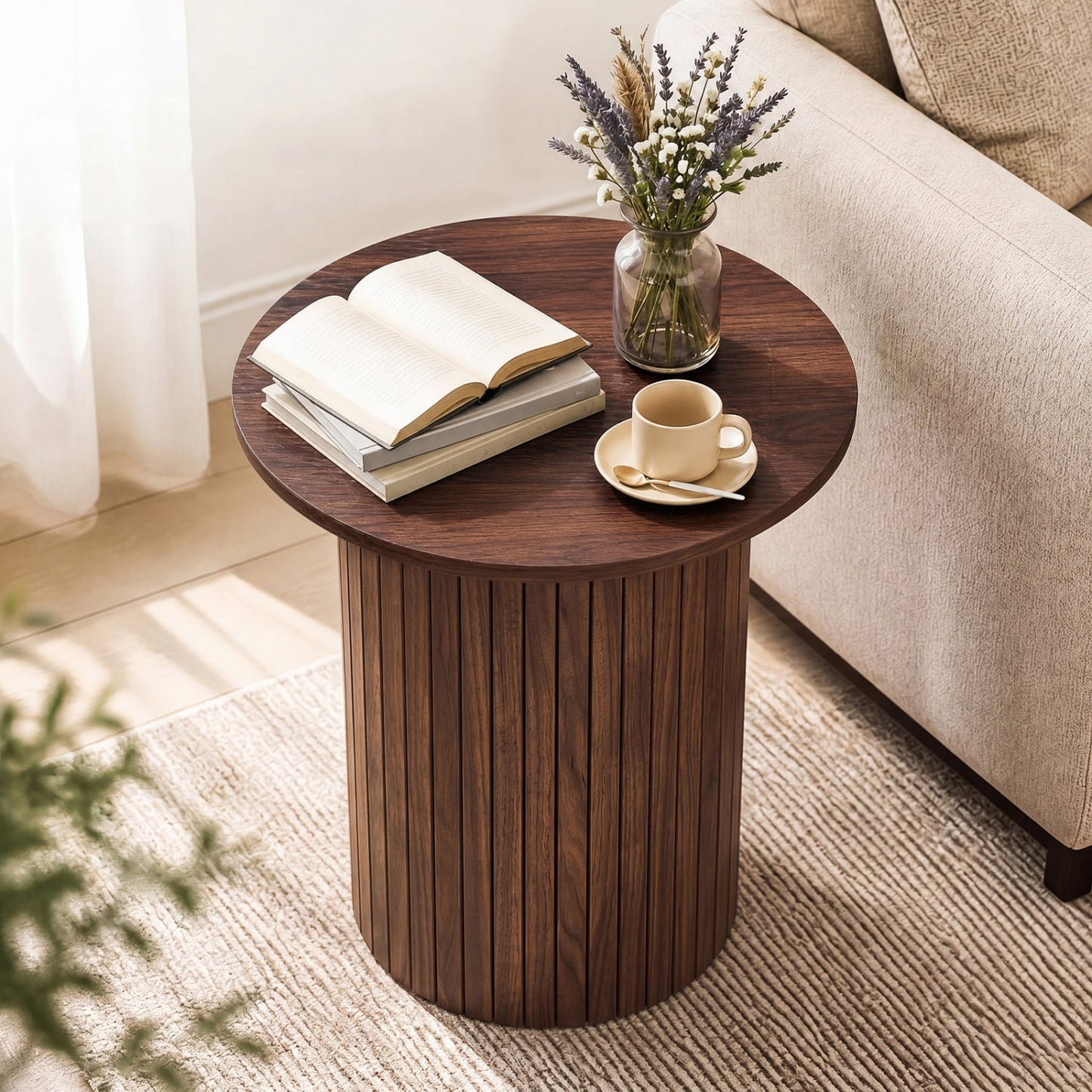 18" Round Fluted Side Table with Pedestal Drum Base