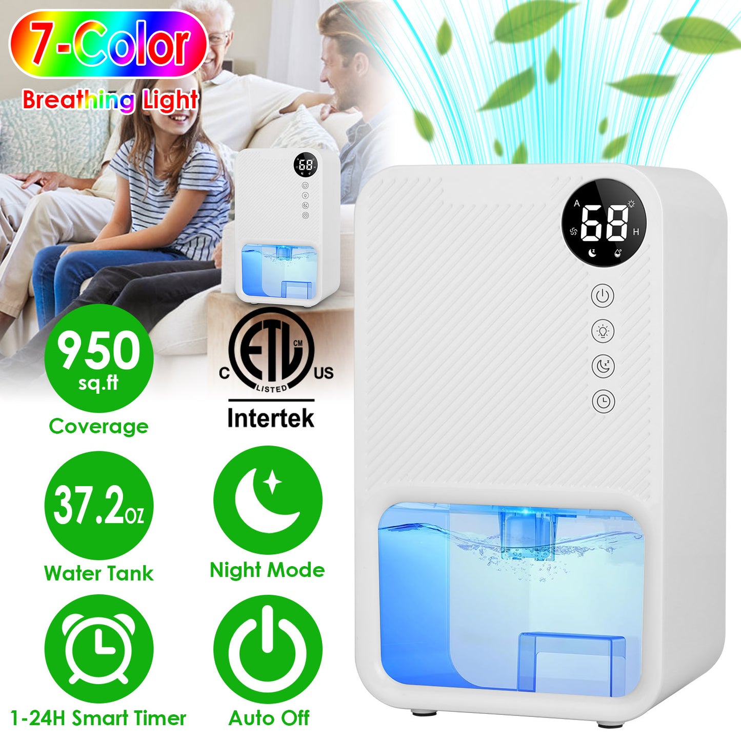Portable Dehumidifier 37.2oz with Timer & 7-Color Light