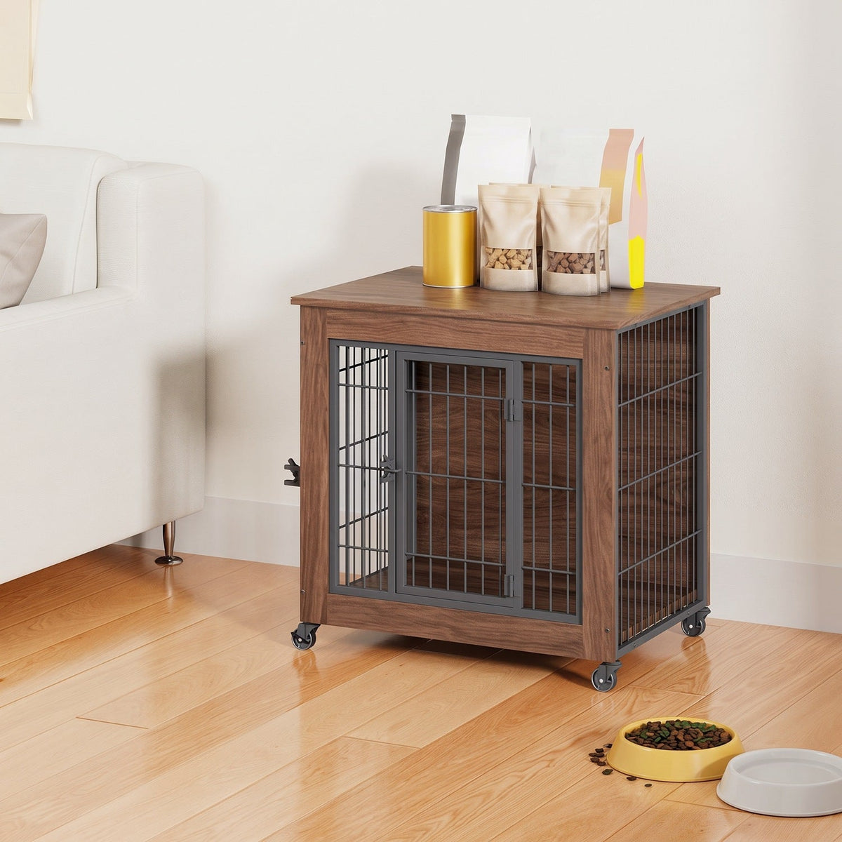 Dog Crate Furniture with Lockable Wheels & Dual Doors