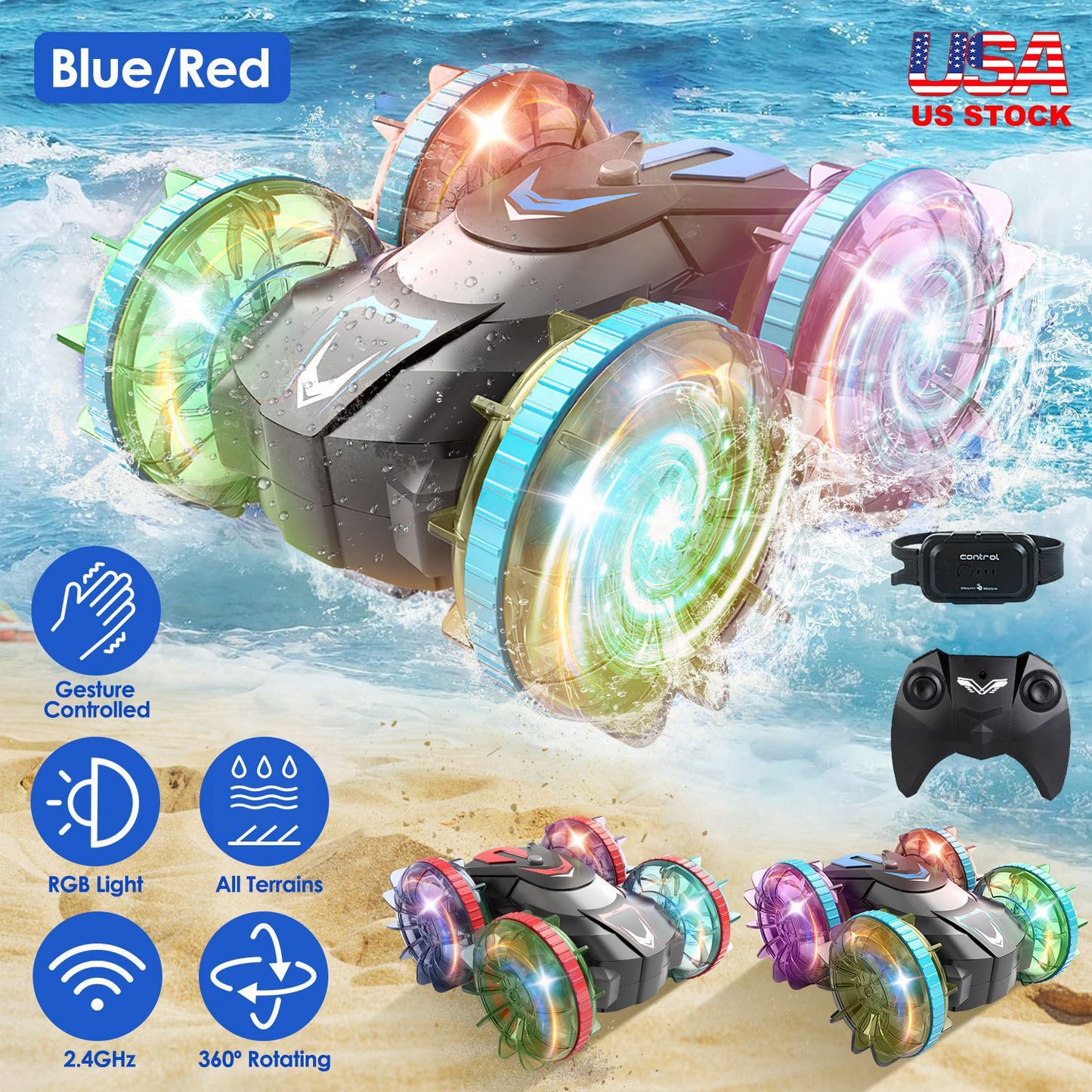 Amphibious RC Stunt Car with Wrist Controller & RGB Lights