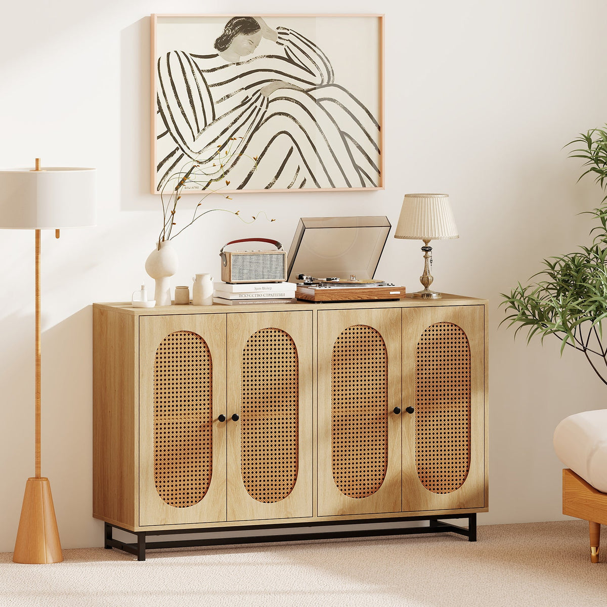 50 Inch Buffet Sideboard Cabinet with 4 Rattan Doors and Adjustable Shelves-Natural