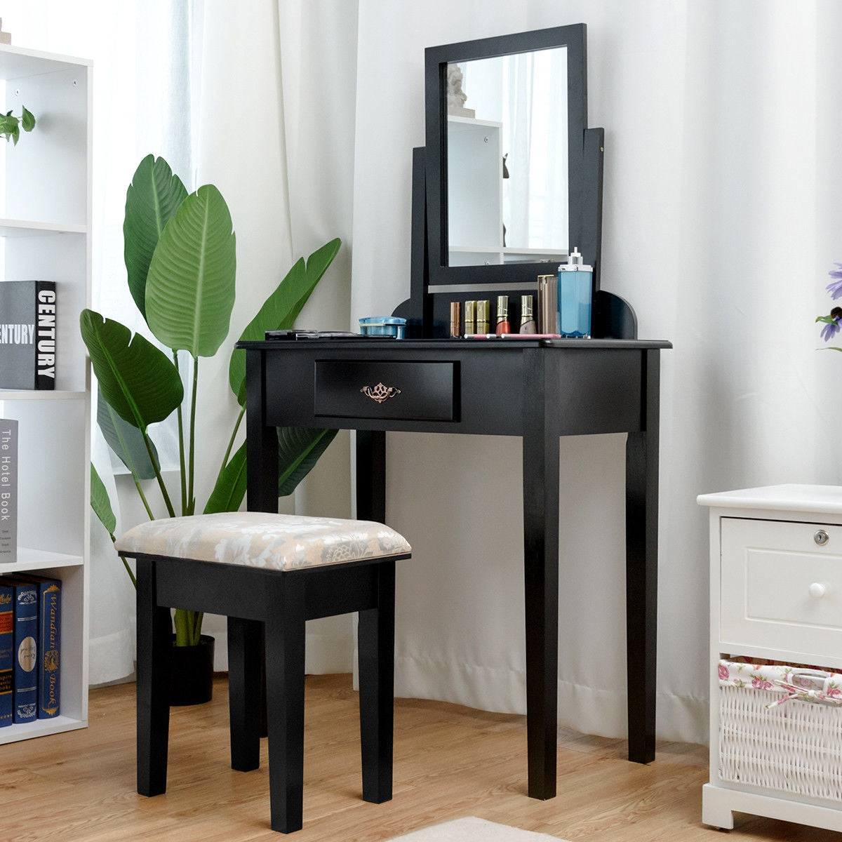 Vanity Dressing Table Set with Large Square Mirror and Stool